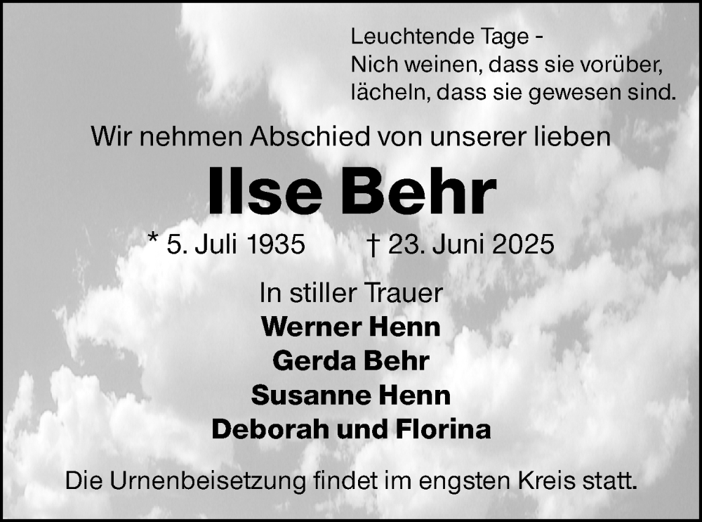  Traueranzeige für Ilse Behr vom 28.06.2025 aus Wiesbadener Kurier