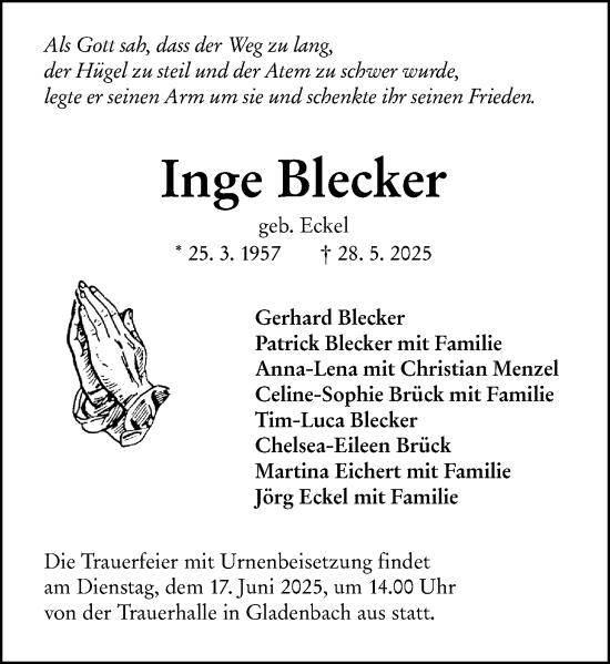 Traueranzeige von Inge Blecker von Hinterländer Anzeiger