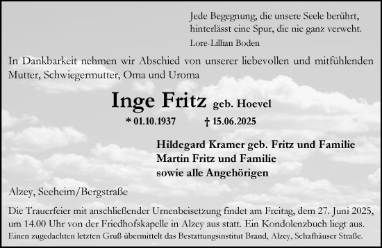 Traueranzeige von Inge Fritz von Allgemeine Zeitung Alzey