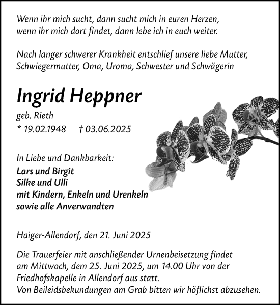 Traueranzeige von Ingrid Heppner von Dill Block