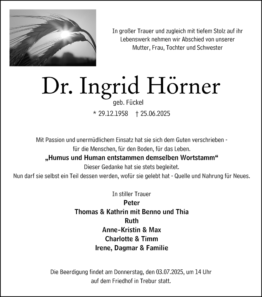  Traueranzeige für Ingrid Hörner vom 28.06.2025 aus Groß-Gerauer Echo