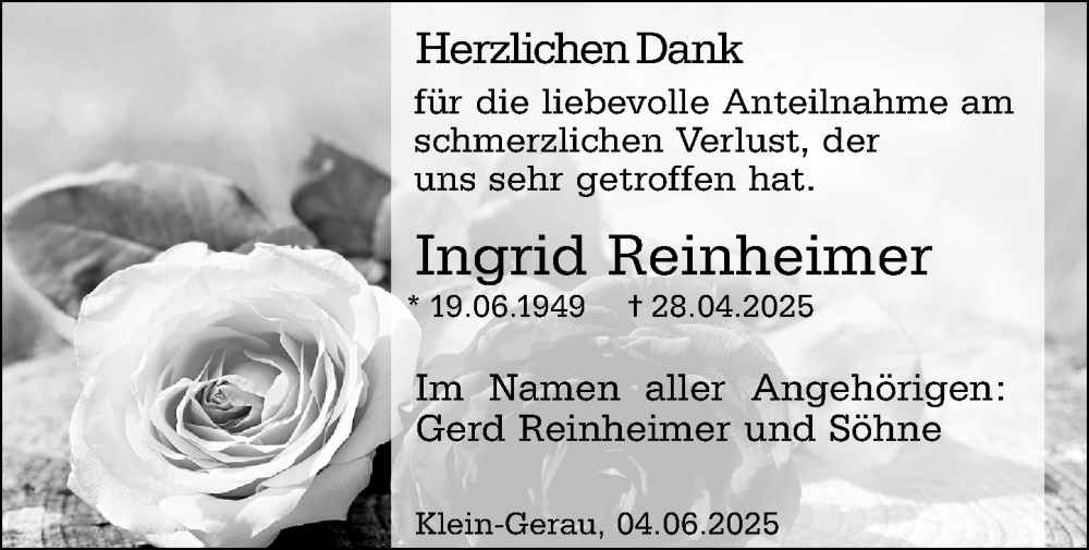  Traueranzeige für Ingrid Reinheimer vom 07.06.2025 aus Groß-Gerauer Echo