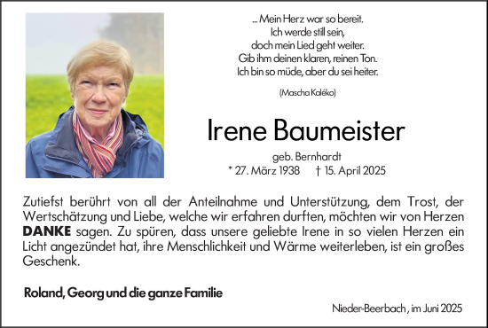 Traueranzeige von Irene Baumeister von Darmstädter Echo