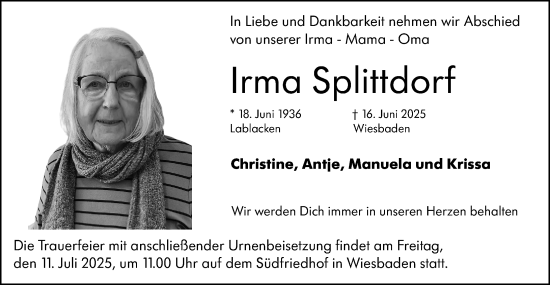 Traueranzeige von Irma Splittdorf von Wiesbadener Kurier