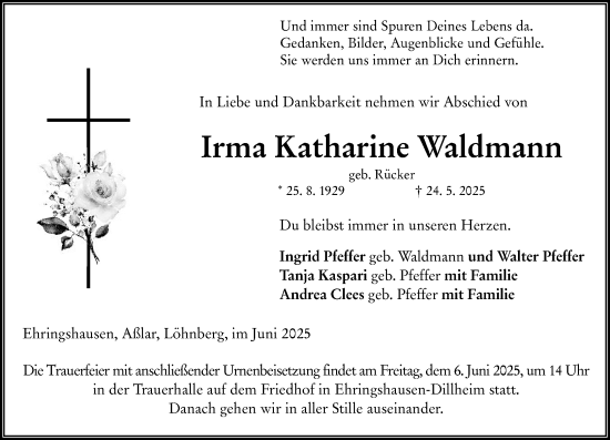 Traueranzeige von Irma Katharine Waldmann von Wetzlarer Neue Zeitung
