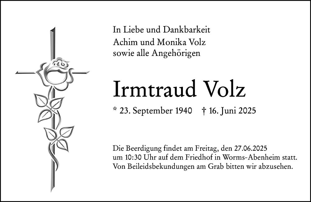  Traueranzeige für Irmtraud Volz vom 21.06.2025 aus Wormser Zeitung