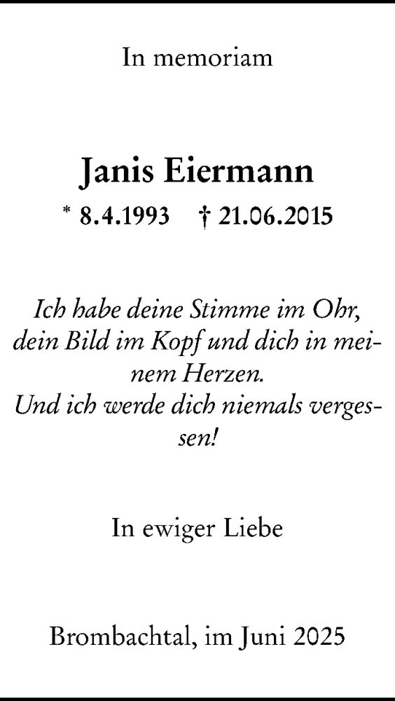  Traueranzeige für Janis Eiermann vom 21.06.2025 aus Odenwälder Echo