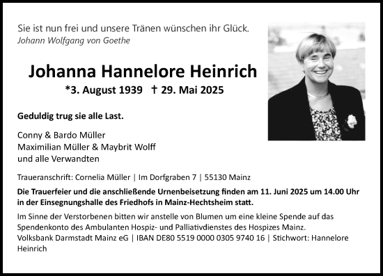 Traueranzeige von Johanna Hannelore Heinrich von Allgemeine Zeitung Mainz