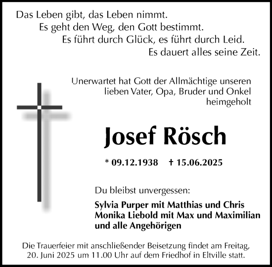 Traueranzeige von Josef Rösch von Rheingau Kurier