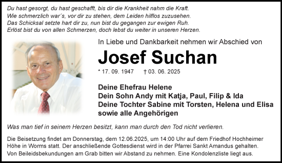 Traueranzeige von Josef Suchan von Wormser Zeitung
