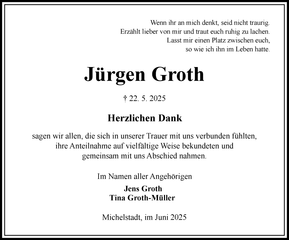  Traueranzeige für Jürgen Groth vom 14.06.2025 aus Odenwälder Echo