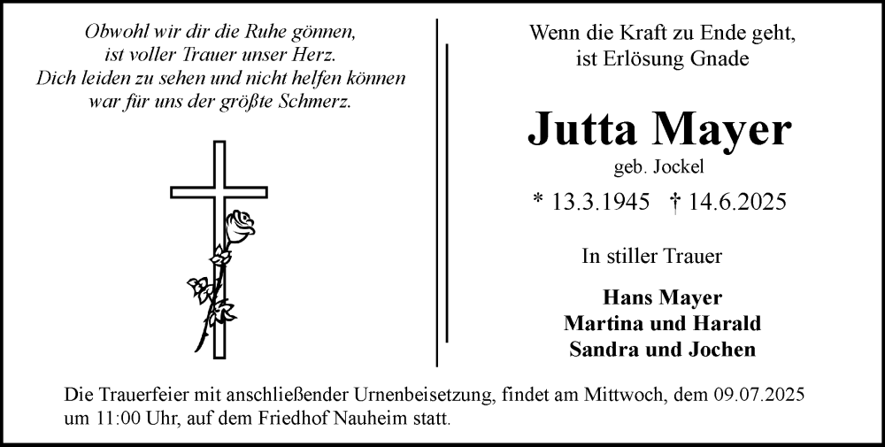  Traueranzeige für Jutta Mayer vom 28.06.2025 aus Groß-Gerauer Echo
