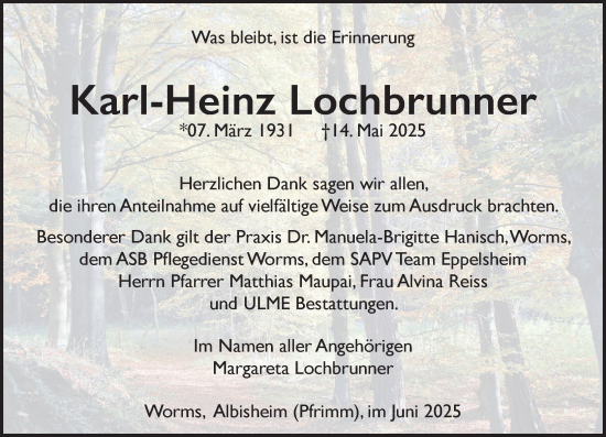 Traueranzeige von Karl-Heinz Lochbrunner von Wormser Zeitung