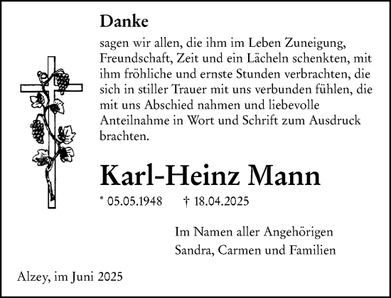 Traueranzeige von Karl-Heinz Mann von Allgemeine Zeitung Alzey