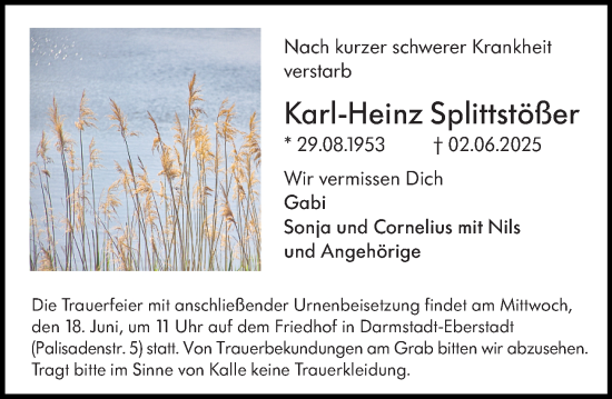 Traueranzeige von Karl-Heinz Splittstößer von Darmstädter Echo