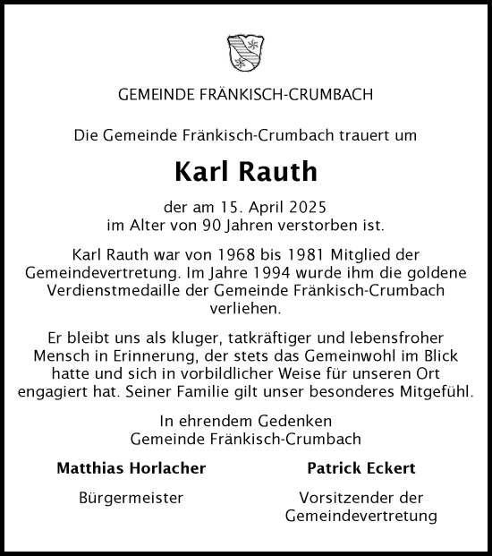 Traueranzeige von Karl Rauth von Odenwälder Echo