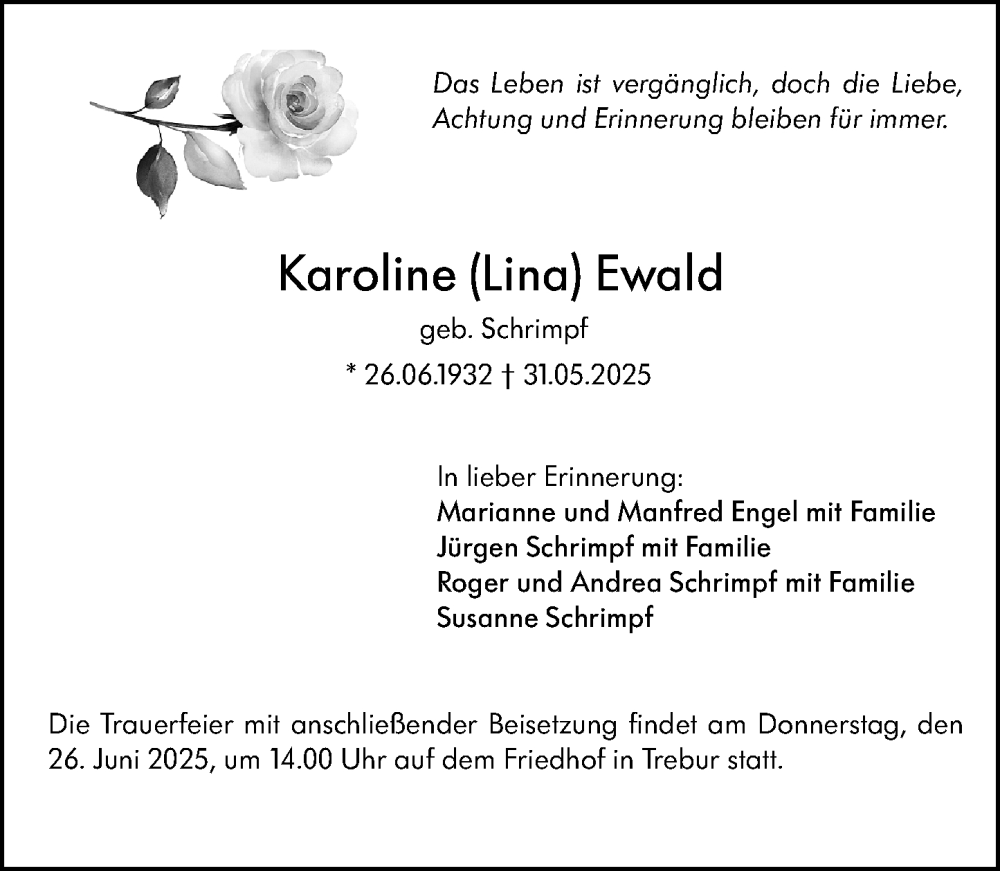  Traueranzeige für Karoline Ewald vom 21.06.2025 aus Rüsselsheimer Echo