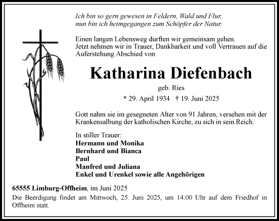 Traueranzeige von Katharina Diefenbach von Nassauische Neue Presse