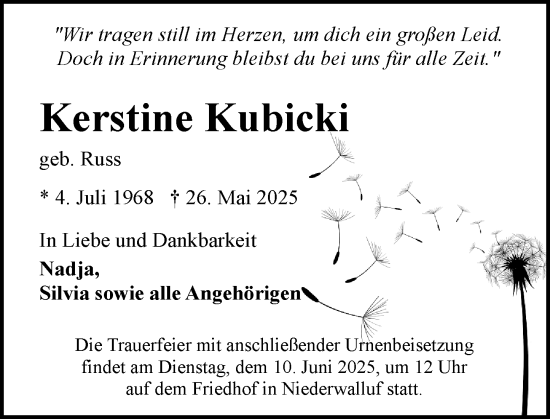 Traueranzeige von Kerstine Kubicki von Rheingau Kurier