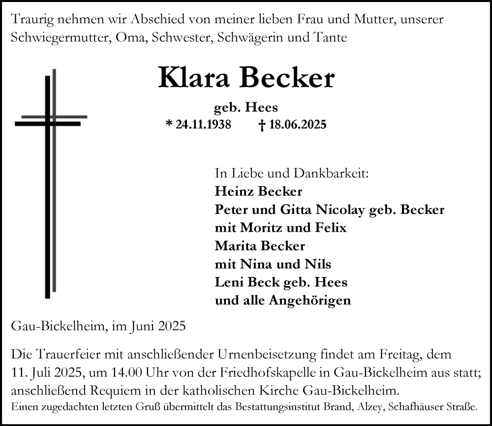  Traueranzeige für Klara Becker vom 21.06.2025 aus Allgemeine Zeitung Alzey