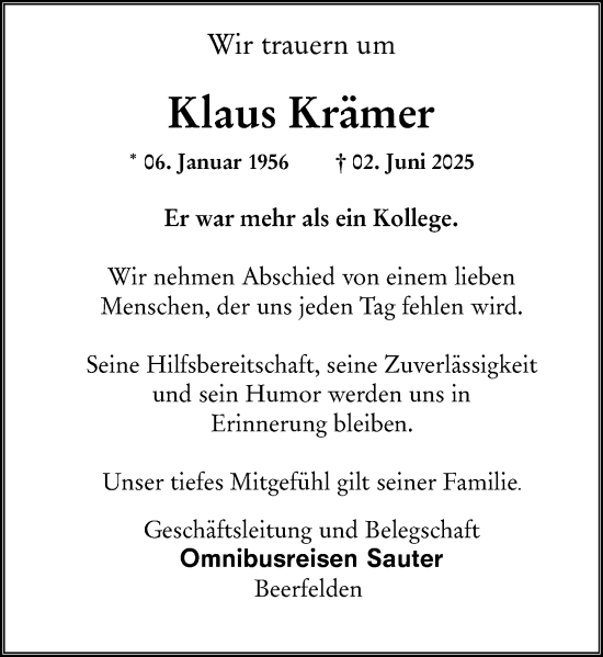 Traueranzeige von Klaus Krämer von Odenwälder Echo