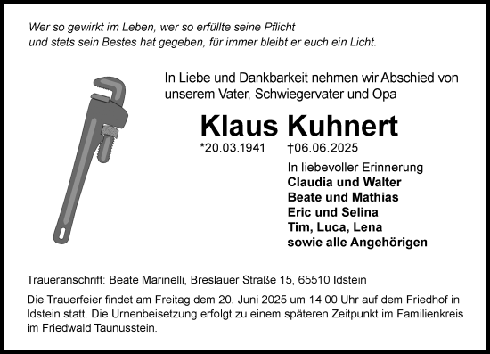 Traueranzeige von Klaus Kuhnert von Idsteiner Land/Untertaunus