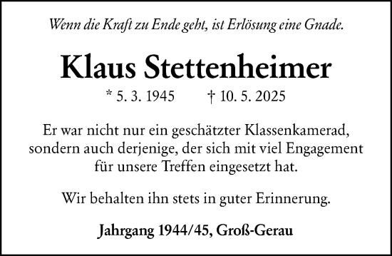 Traueranzeige von Klaus Stettenheimer von Groß-Gerauer Echo