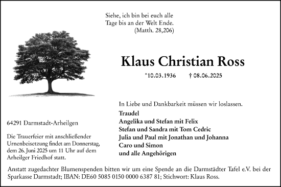 Traueranzeige von Klaus Christian Ross von Darmstädter Echo