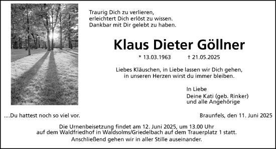 Traueranzeige von Klaus Dieter Göllner von Wetzlarer Neue Zeitung