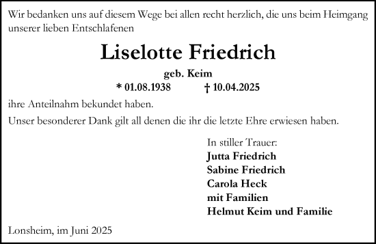 Traueranzeige von Liselotte Friedrich von Allgemeine Zeitung Alzey