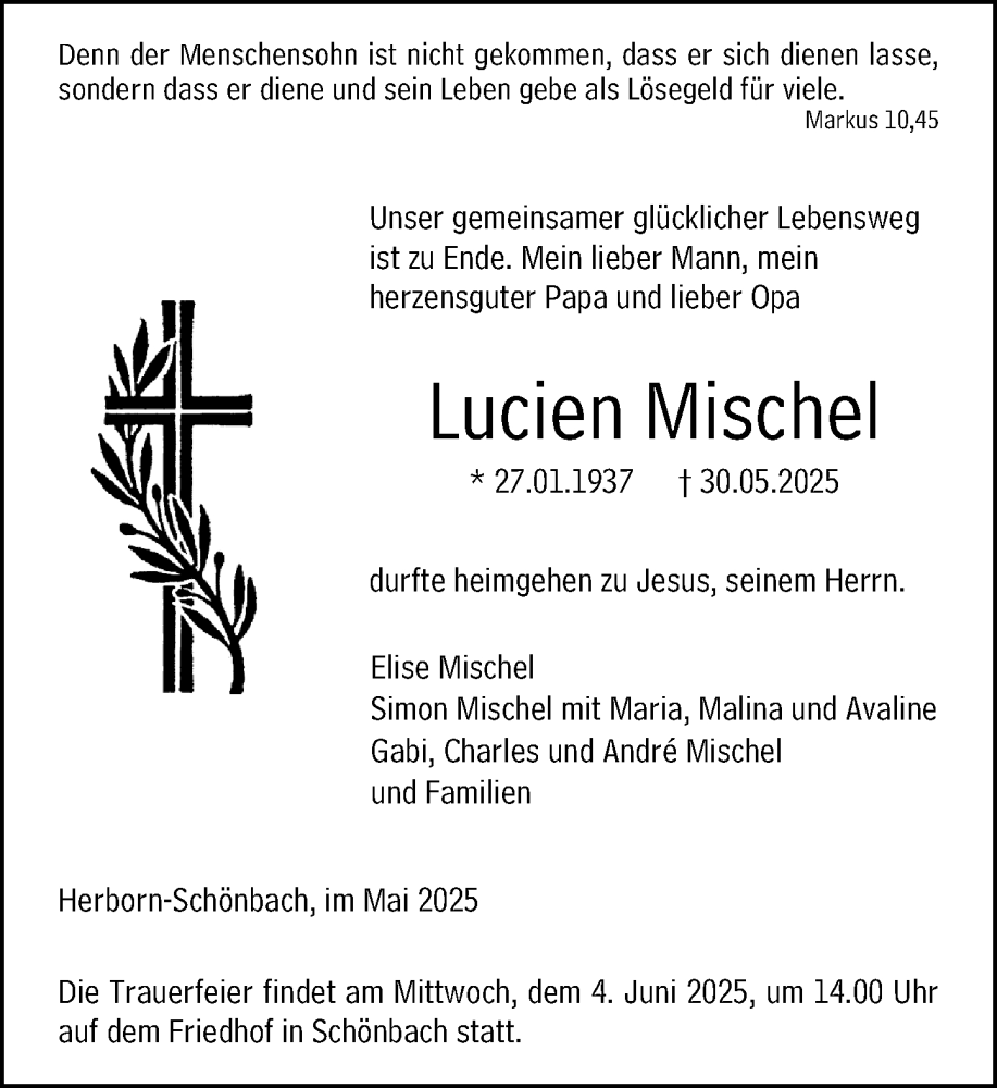  Traueranzeige für Lucien Mischel vom 02.06.2025 aus Dill Block