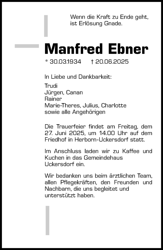  Traueranzeige für Manfred Ebner vom 24.06.2025 aus Dill Block