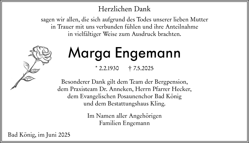  Traueranzeige für Marga Engemann vom 07.06.2025 aus Odenwälder Echo