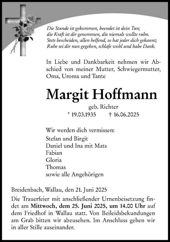 Traueranzeige von Margit Hoffmann von Hinterländer Anzeiger