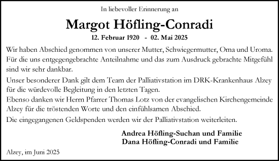 Traueranzeige von Margot Höfling-Conradi von Allgemeine Zeitung Alzey