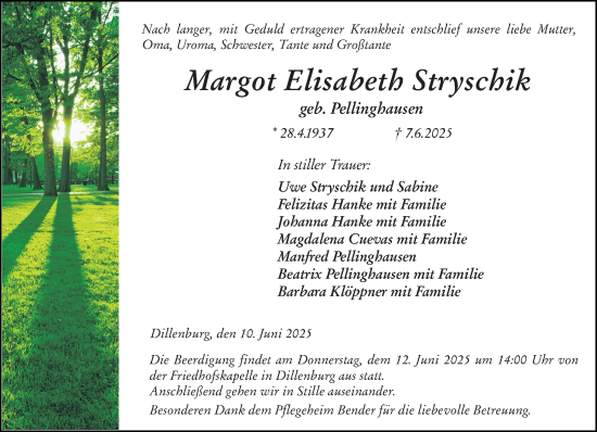 Traueranzeige von Margot Elisabeth Stryschik von Dill Block