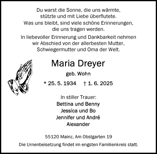 Traueranzeige von Maria Dreyer von Allgemeine Zeitung Mainz