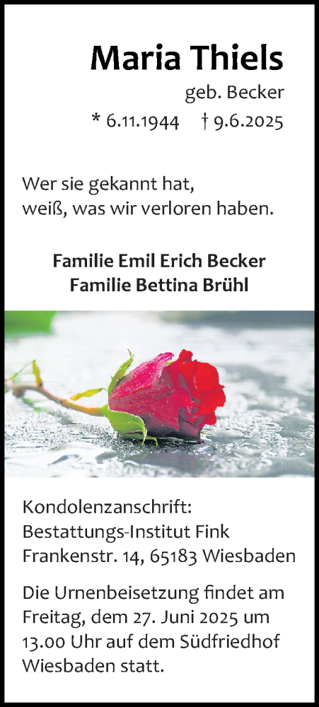  Traueranzeige für Maria Thiels vom 21.06.2025 aus Wiesbadener Kurier