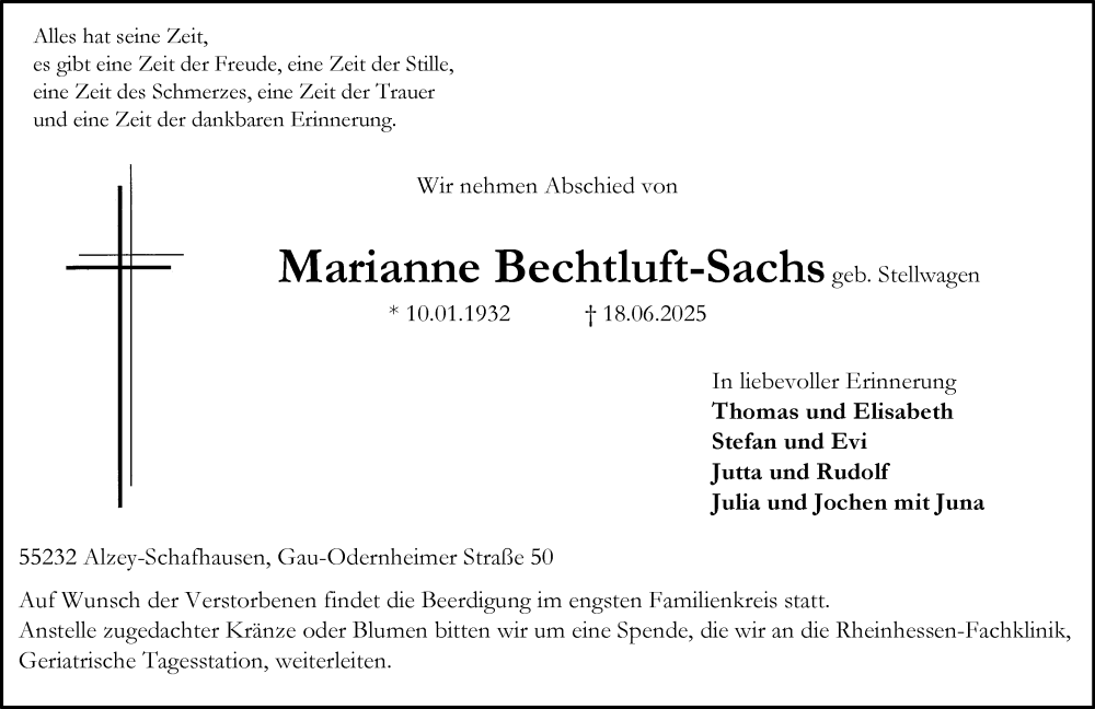  Traueranzeige für Marianne Bechtluft-Sachs vom 21.06.2025 aus Allgemeine Zeitung Alzey