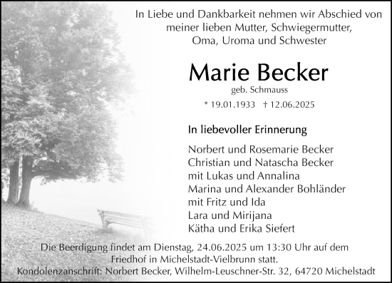 Traueranzeige von Marie Becker von Odenwälder Echo