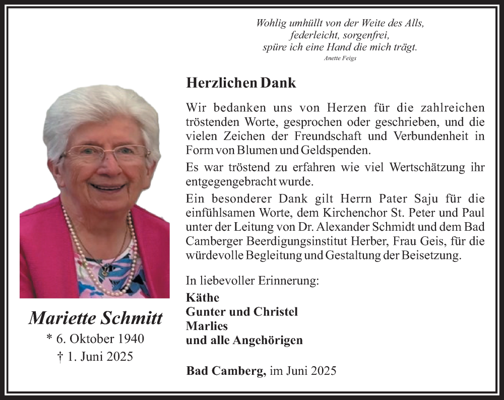  Traueranzeige für Mariette Schmitt vom 26.06.2025 aus Camberger Anzeiger