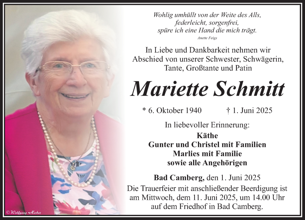  Traueranzeige für Mariette Schmitt vom 05.06.2025 aus Camberger Anzeiger