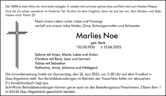 Traueranzeige von Marlies Noe von Allgemeine Zeitung Rheinhessen-Nahe