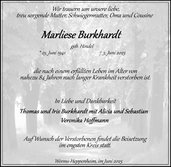 Traueranzeige von Marliese Burkhardt von Wormser Zeitung