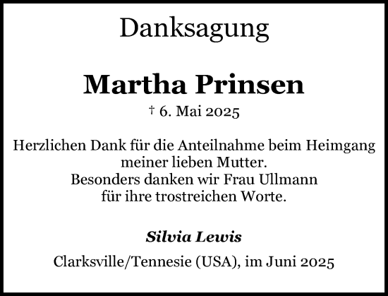 Traueranzeige von Martha Prinsen von Allgemeine Zeitung Mainz