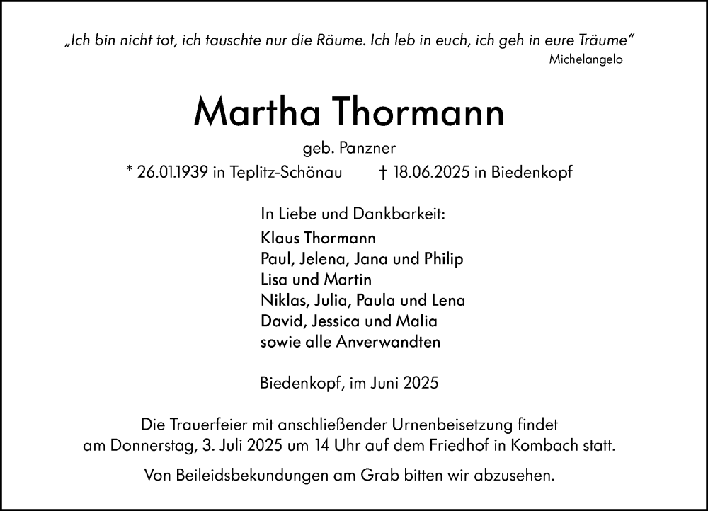  Traueranzeige für Martha Thormann vom 28.06.2025 aus Hinterländer Anzeiger