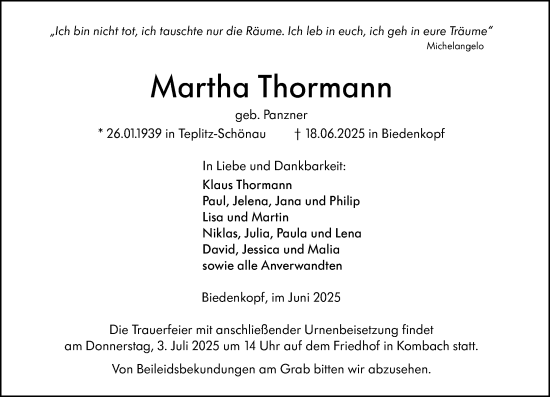 Traueranzeige von Martha Thormann von Hinterländer Anzeiger