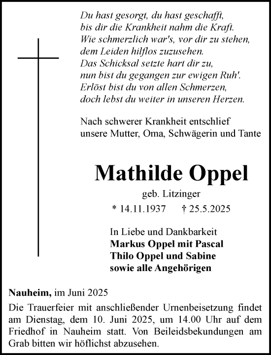 Traueranzeige von Mathilde Oppel von Camberger Anzeiger