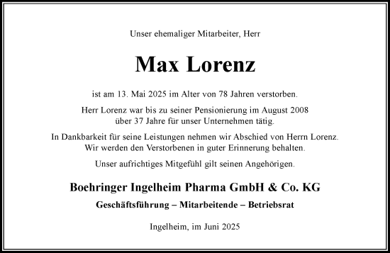 Traueranzeige von Max Lorenz von Allgemeine Zeitung Rheinhessen-Nahe