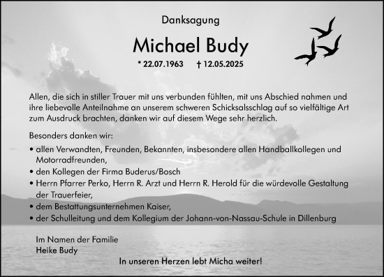 Traueranzeige von Michael Budy von Wetzlarer Neue Zeitung